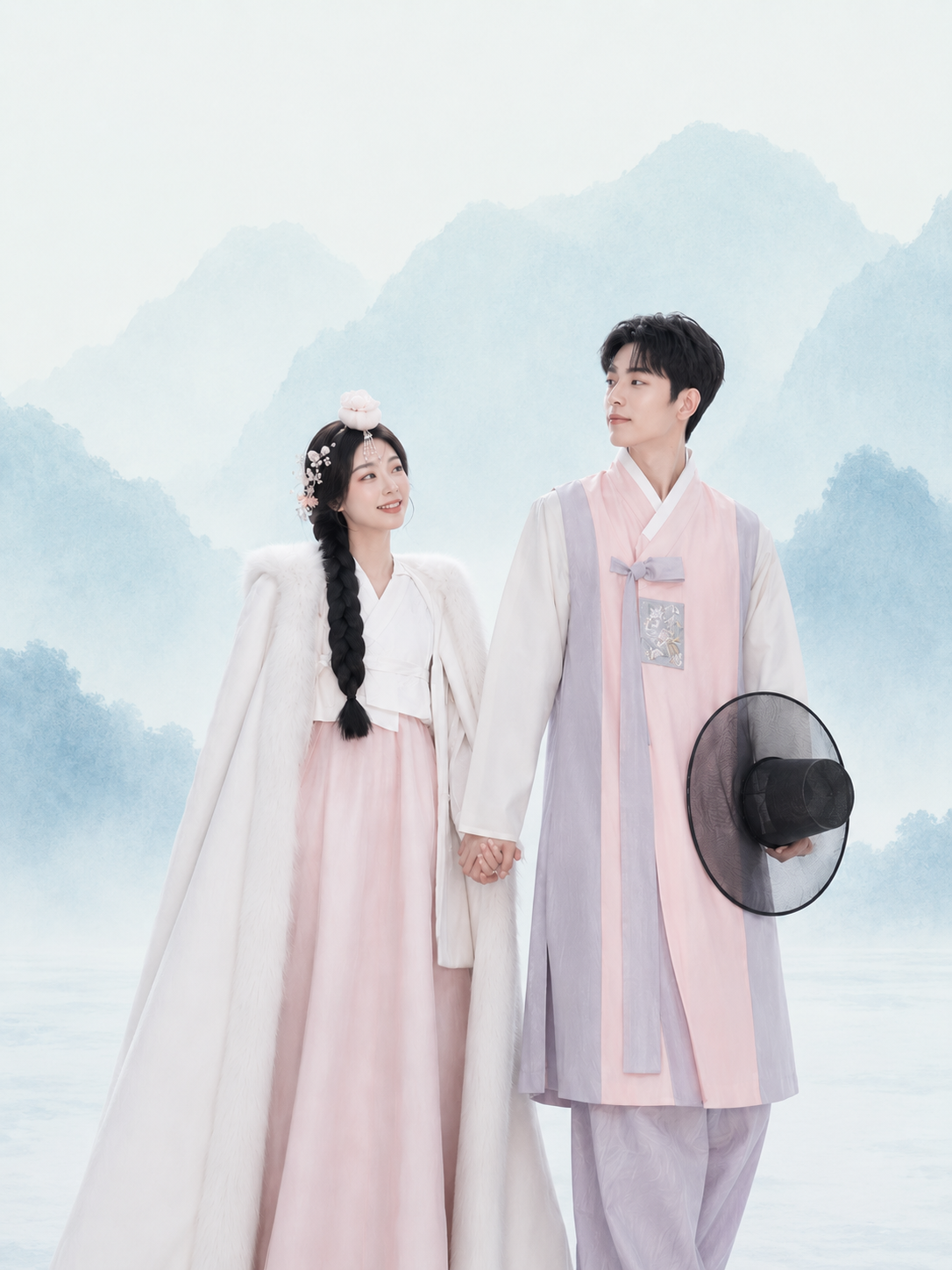 Men's Hanbok | Light Pink White Traditional Korean Robe with Black Ribbon - Image 2