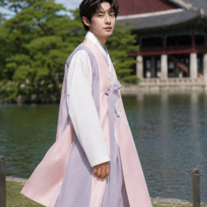 Men's Hanbok | Light Pink White Traditional Korean Robe with Black Ribbon