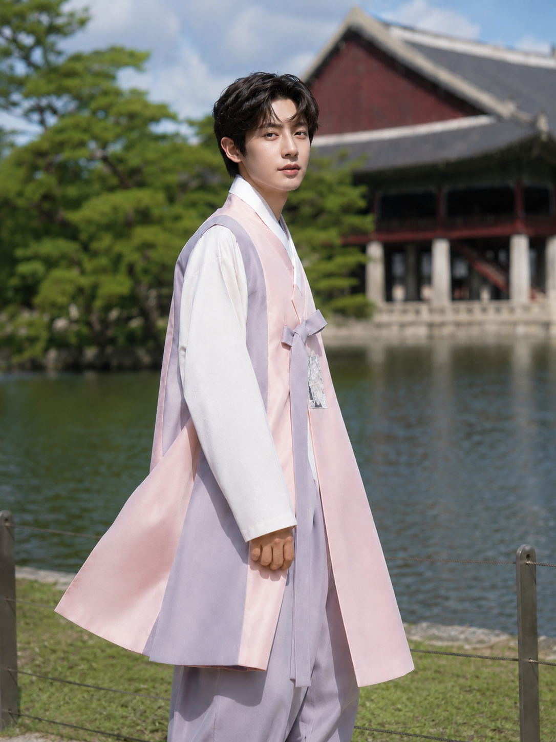 Men's Hanbok | Light Pink White Traditional Korean Robe with Black Ribbon