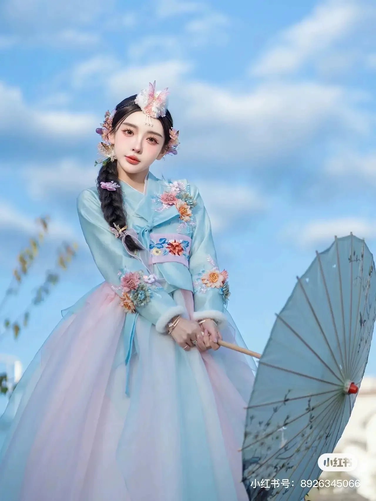 Blue Hanbok three-dimensional flower Korean clothes Yanji clothing - Image 5
