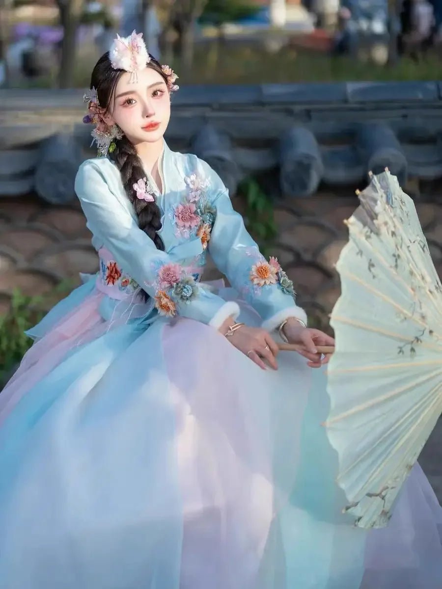 Blue Hanbok three-dimensional flower Korean clothes Yanji clothing - Image 3