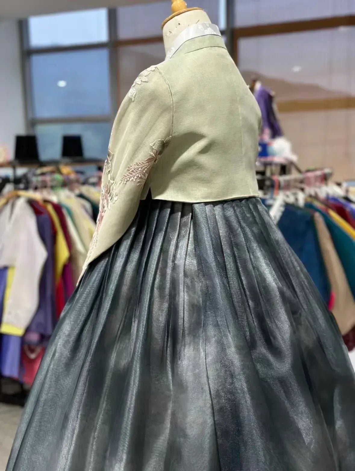 Moonlit Mist Hanbok – Soft Floral Embroidered Jeogori & Cloud-Dye Chiffon Skirt Set - Image 5