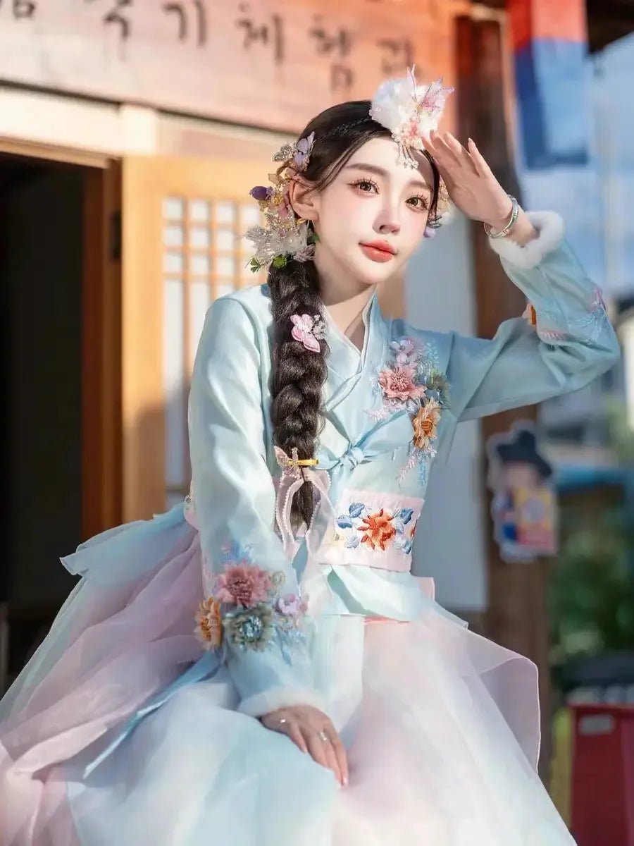 Blue Hanbok three-dimensional flower Korean clothes Yanji clothing - Image 4