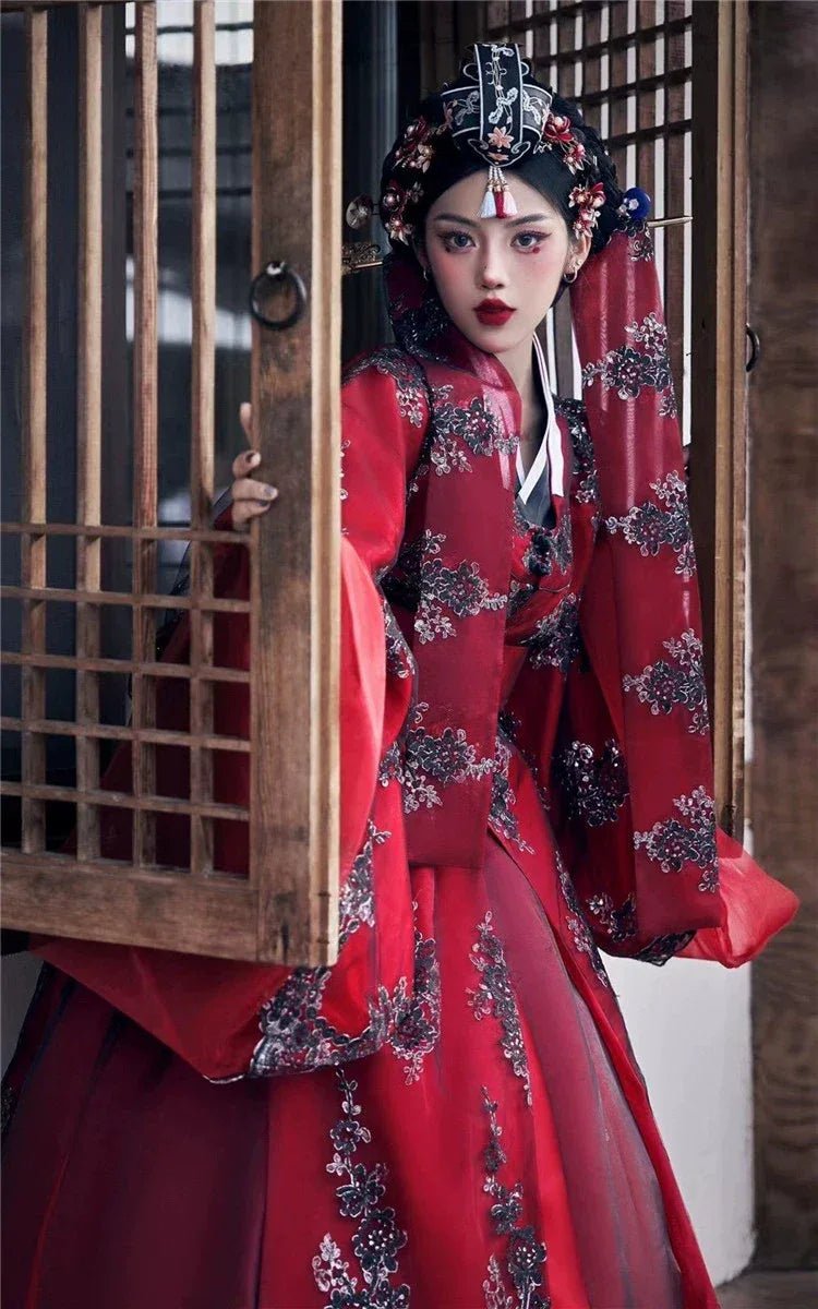 Red Princess Hanbok Wedding Dress | Authentic Korean Palace Style Bridal Gown for Weddings & Photoshoots - Image 9
