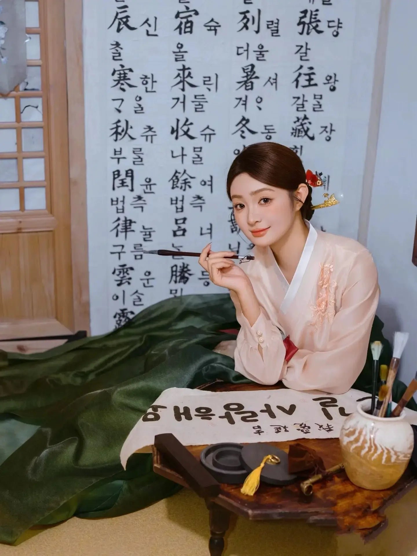 Pink & Forest Green Korean Hanbok | Traditional Dance Costume & Daily Wear - Image 9