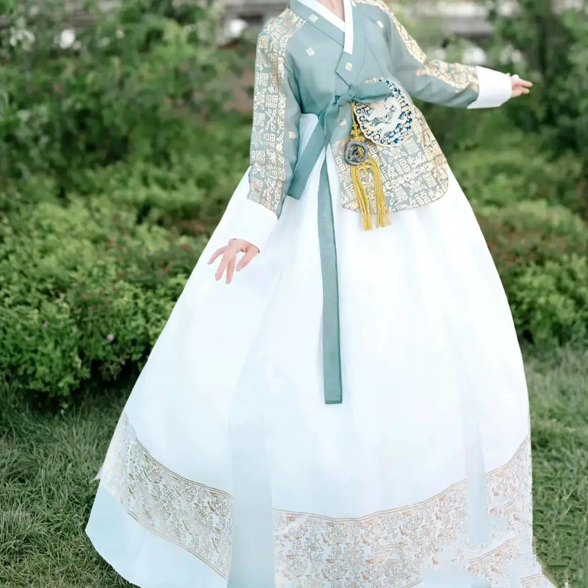 Mint Green & White Korean Princess Palace Hanbok | Royal Court Dress | Wedding & Photography - Image 8