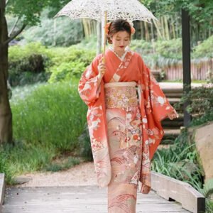 Japanese retro gorgeous small vibrating sleeve single layer improved kimono photography travel photo orange chrysanthemum pattern