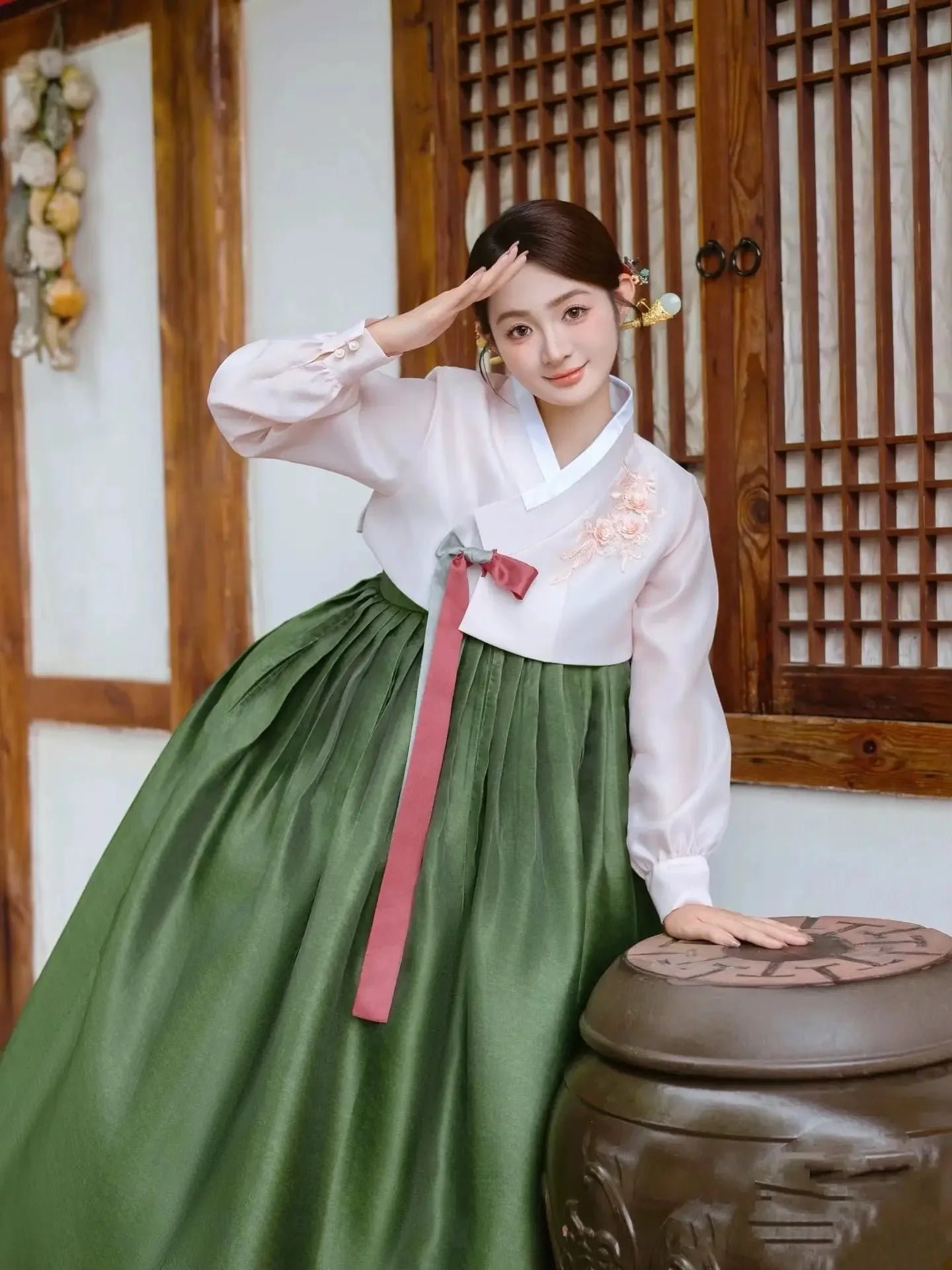 Pink & Forest Green Korean Hanbok | Traditional Dance Costume & Daily Wear - Image 12