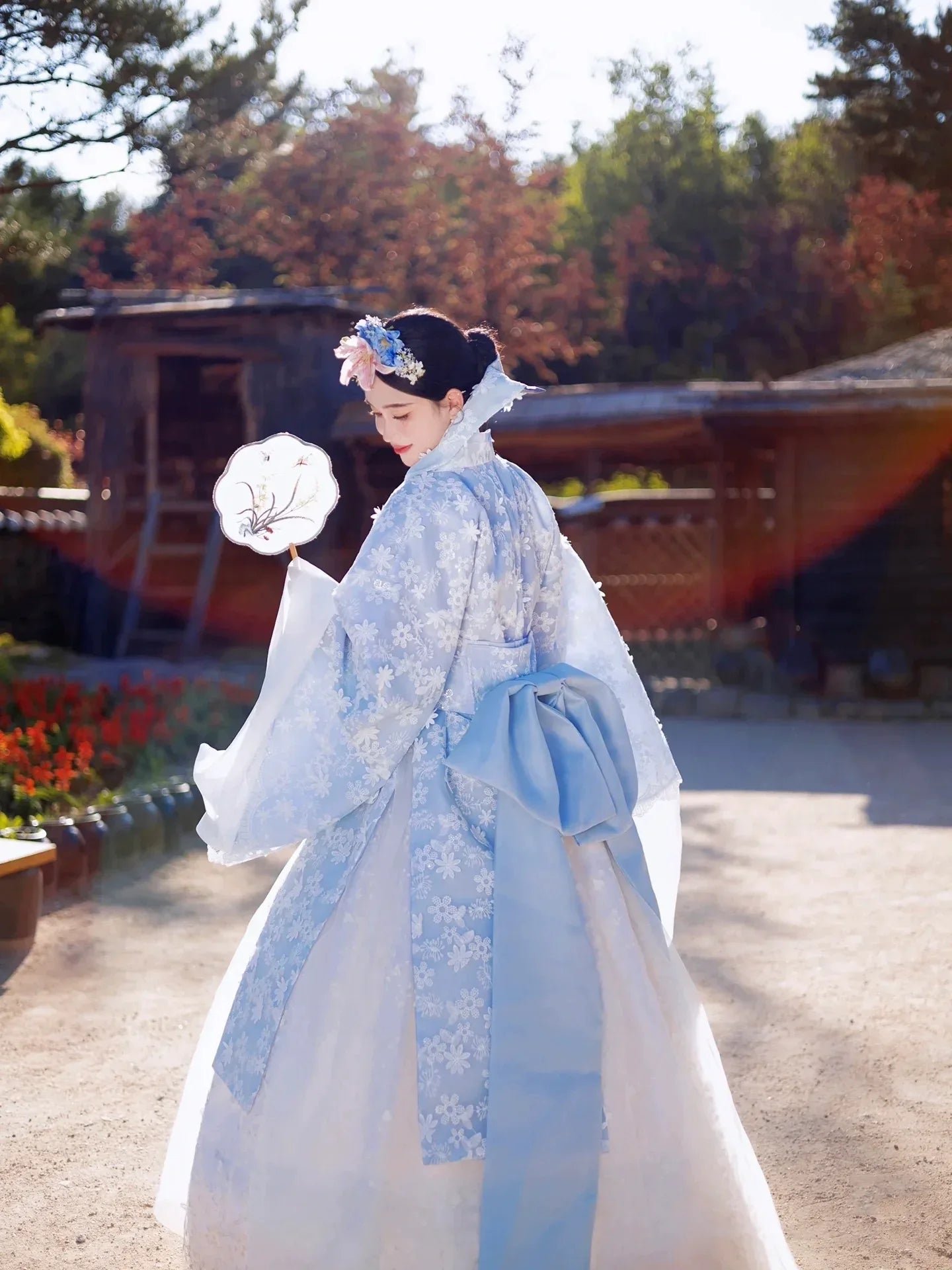 White Blue Hanbok | Korean Palace Dress | Luxury Bridal Photography Outfit - Image 8