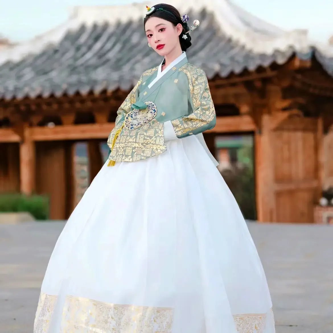 Mint Green & White Korean Princess Palace Hanbok | Royal Court Dress | Wedding & Photography - Image 13