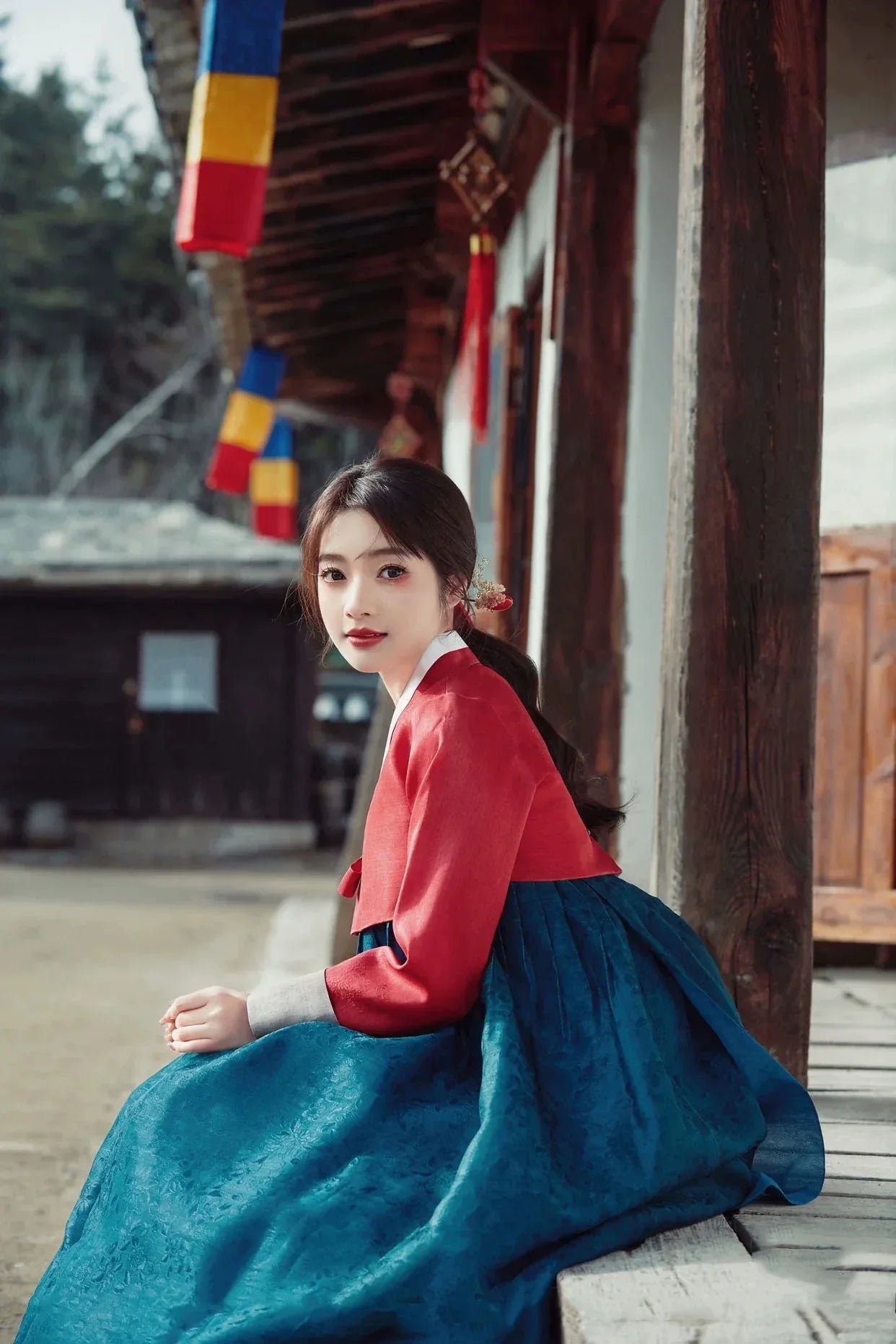 Red Blue Hanbok | Korean Court Dress | Traditional Wedding Performance Outfit - Image 9