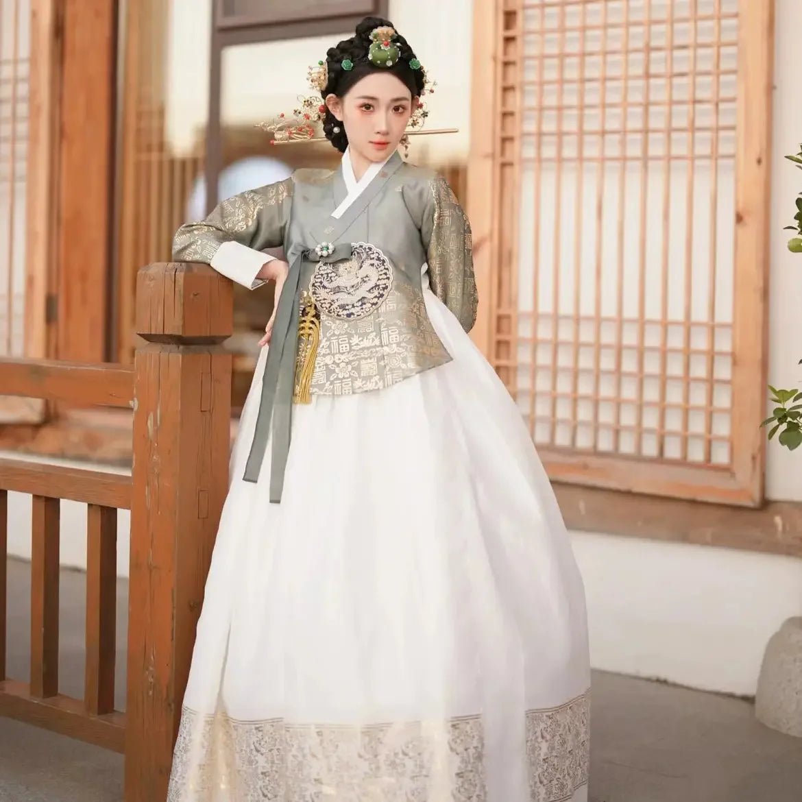 Mint Green & White Korean Princess Palace Hanbok | Royal Court Dress | Wedding & Photography - Image 10