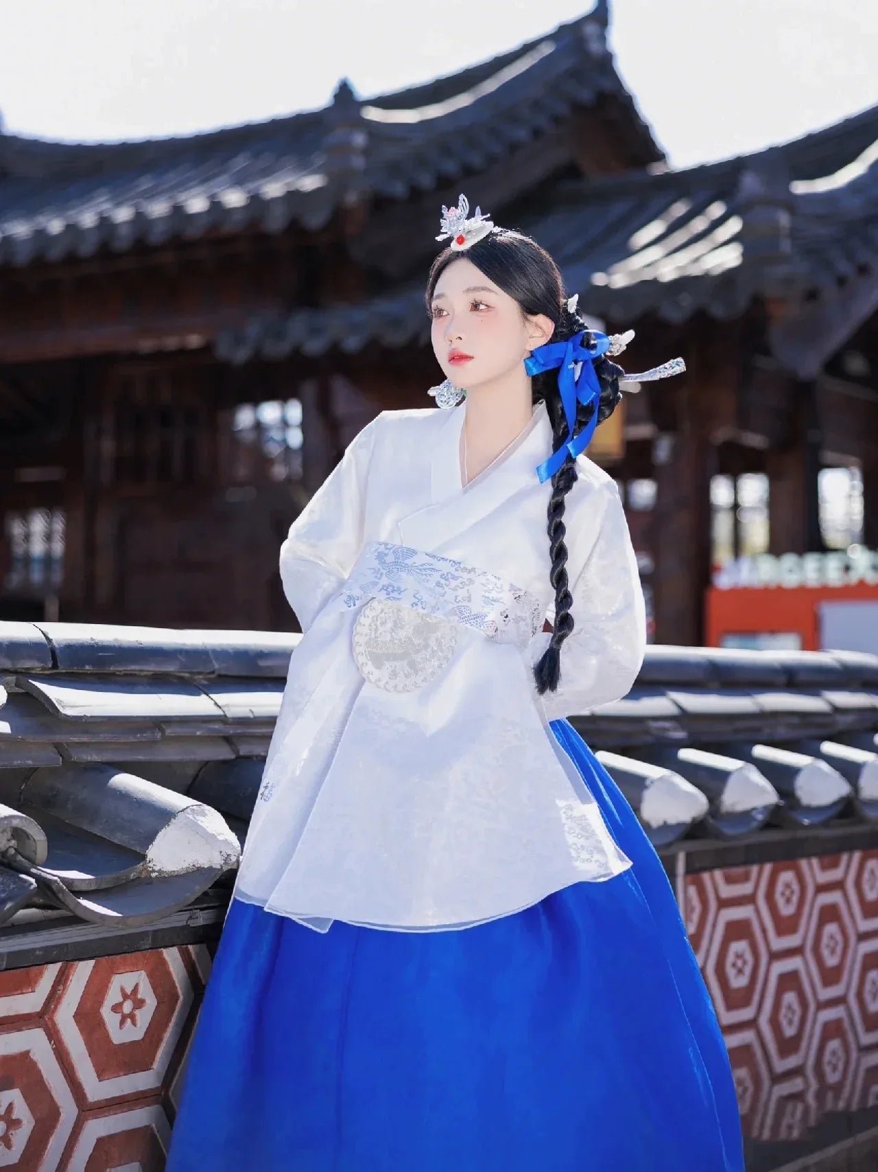 Blue Princess Hanbok Dress – Modern Korean Palace Style Outfit for Event,Photoshoots, Weddings & Stage Performances - Image 7