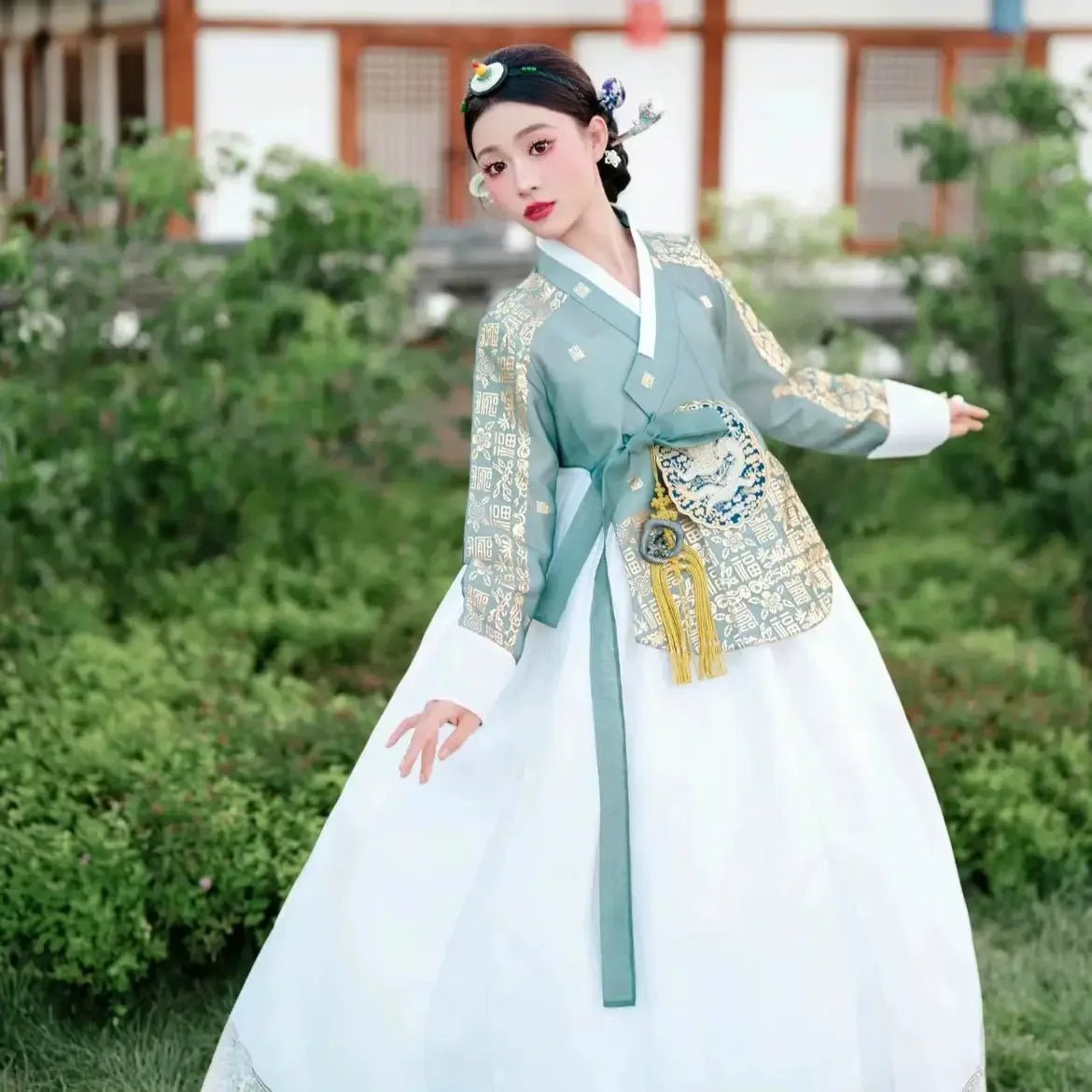 Mint Green & White Korean Princess Palace Hanbok | Royal Court Dress | Wedding & Photography - Image 7