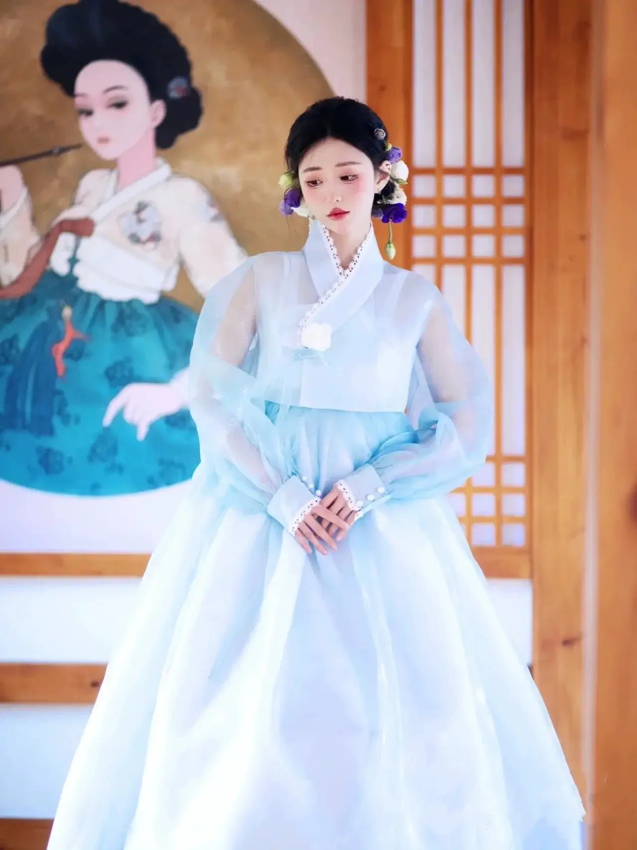 Blue Hanbok Korean Dress Women's Court Dress - Image 9