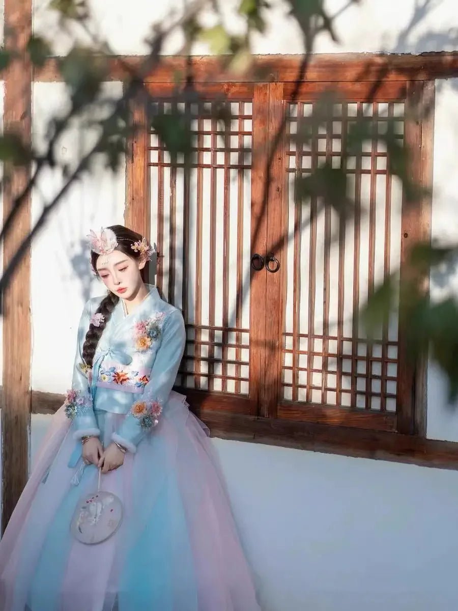 Blue Hanbok three-dimensional flower Korean clothes Yanji clothing - Image 2