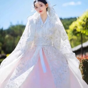 White & Pink Hanbok - Korean High-End Court Dress