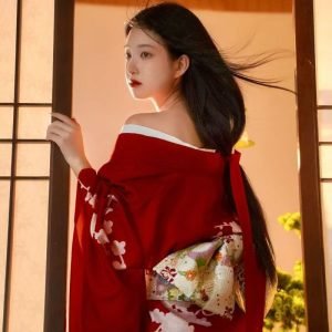 Red Japanese Kimono Yukata Vintage Dress Improved Kimono
